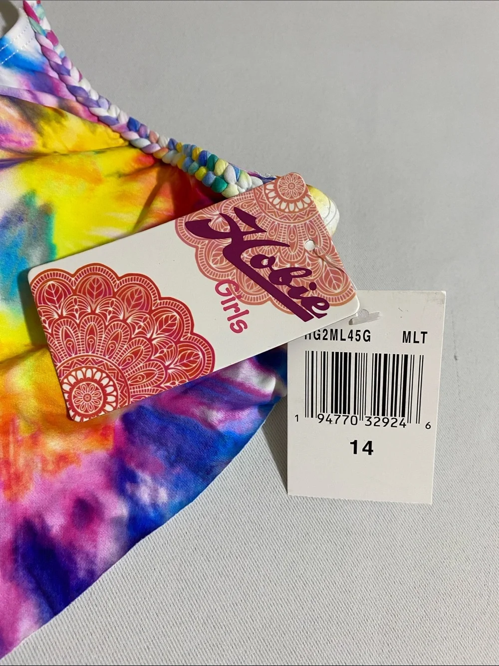 HOBIE Girls Rainbow Tie-Dye Bikini Set w Scarf Style Top Youth Girl's 14
